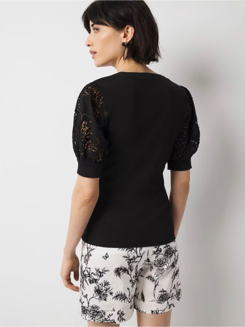 Black Eyelet Puff Sleeve Henley Top - Picture 3 of 7